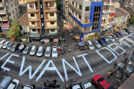 Democracy spelled on street